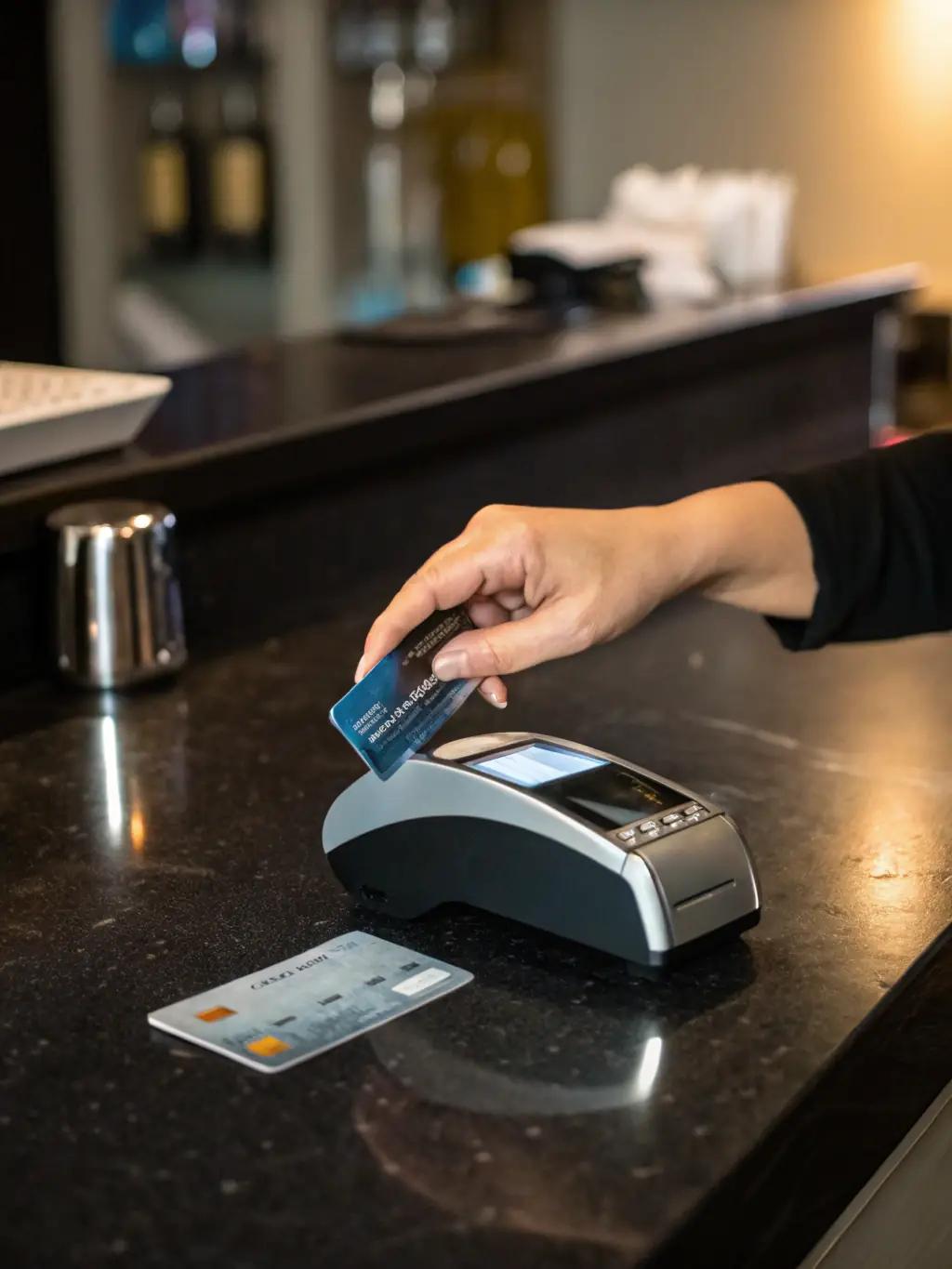 A close-up shot of a Ramp card being used at a point-of-sale terminal, emphasizing the ease of use and acceptance.