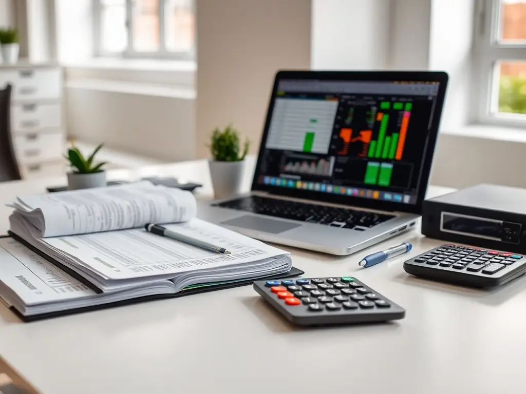 A professional workspace featuring a GetCenter credit card on a desk alongside a laptop displaying financial data, symbolizing efficient financial management.