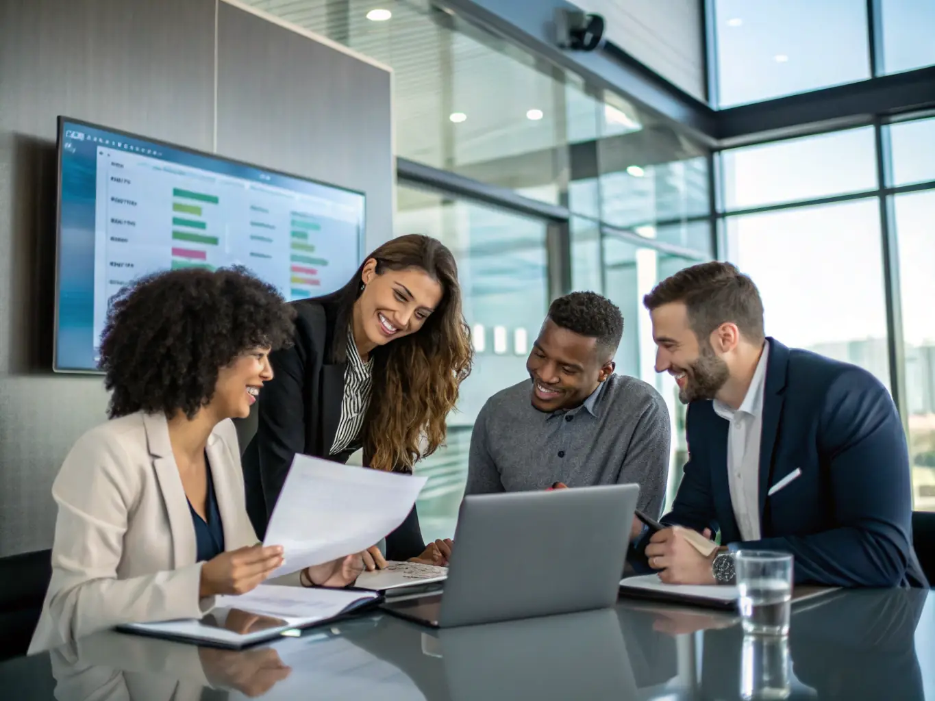 A diverse group of entrepreneurs collaborating in a bright, modern office, representing the supportive financial ecosystem GetCenter provides for business growth.